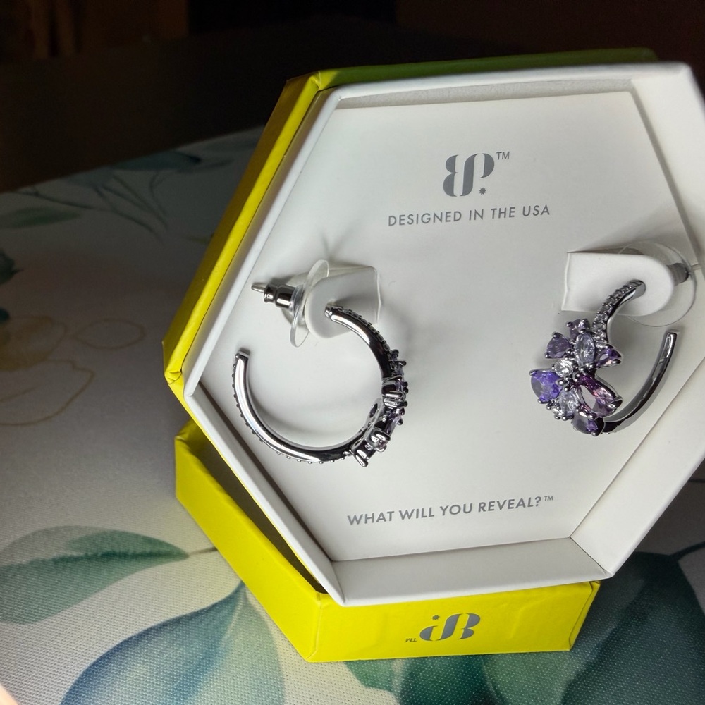 BP Silver Hoop Earrings with Purple Gem Cluster